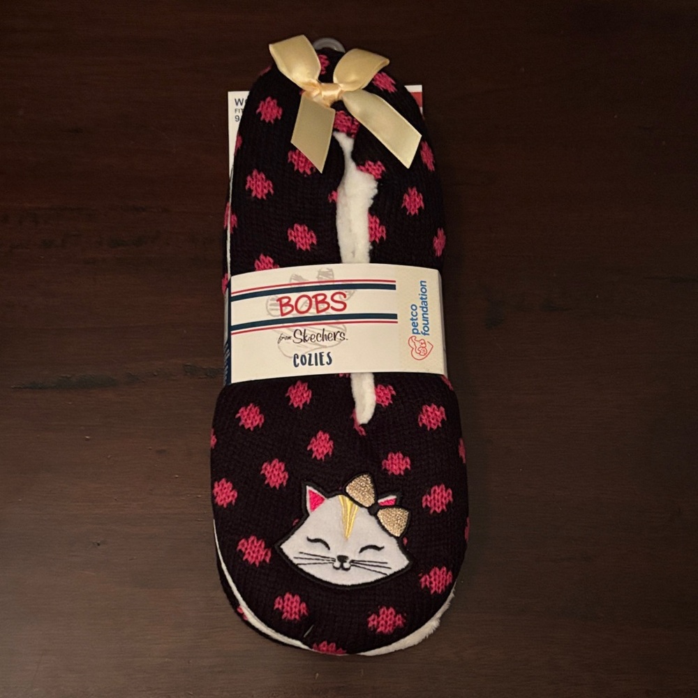 BOBS from Skechers Black and Pink Pattern Cat Slippers